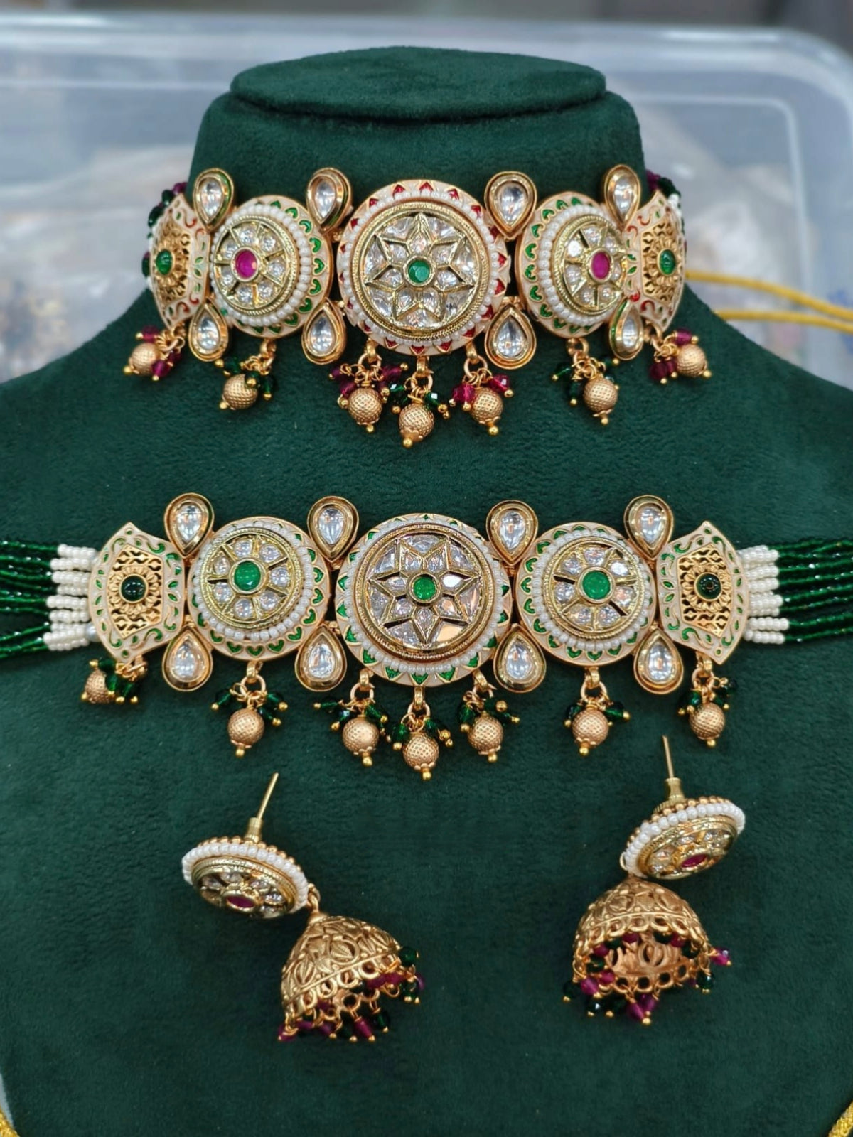 Gold-Plated Choker Necklace Set with Kundan and Green Accents