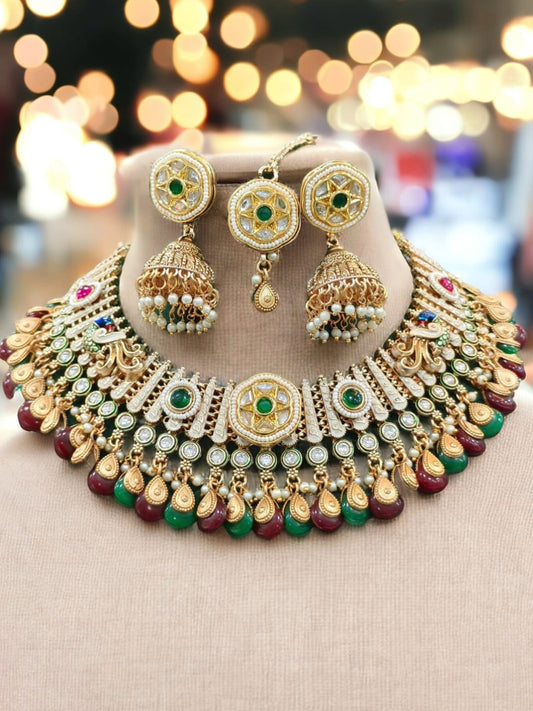 Gold Necklace with Green & Red Gem Accents, Earrings Set