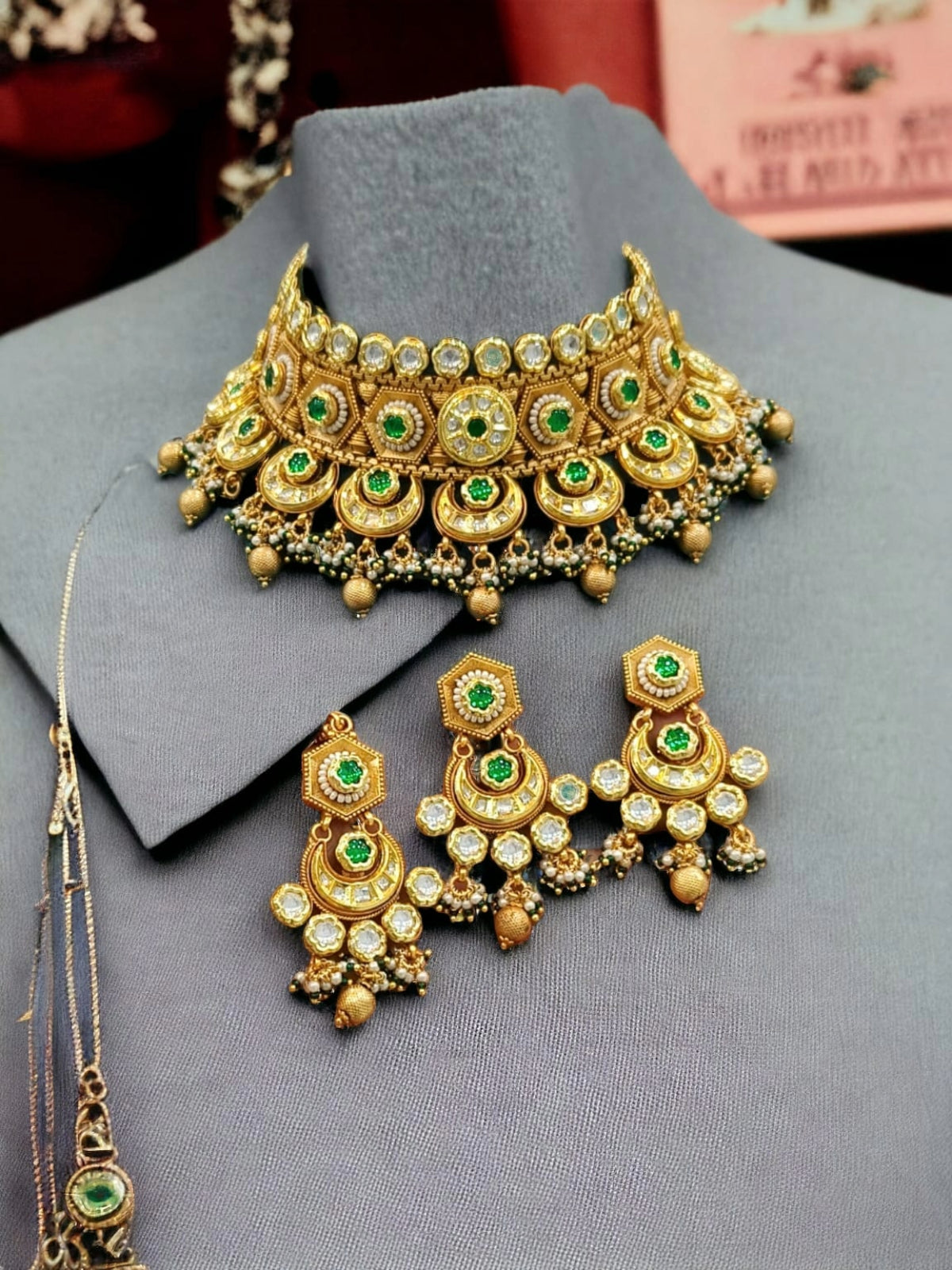 Traditional Gold-Plated Choker Necklace Set with Earrings & Mang Tika