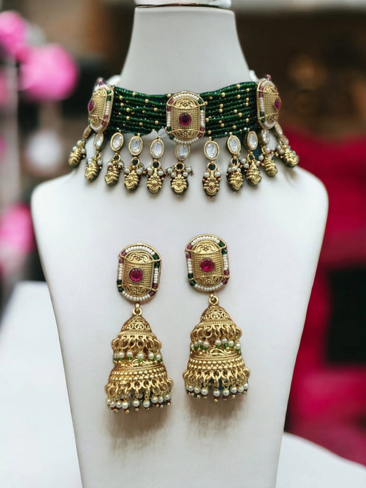 Green Beaded Kundan Choker Set with Jhumka Earrings