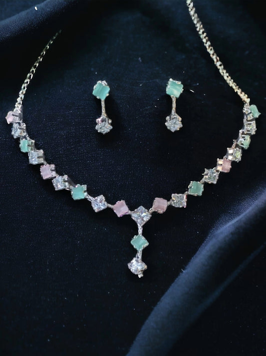 Pastel Gemstone Necklace & Earrings Set - Elegant Mint & Pink Stone Design