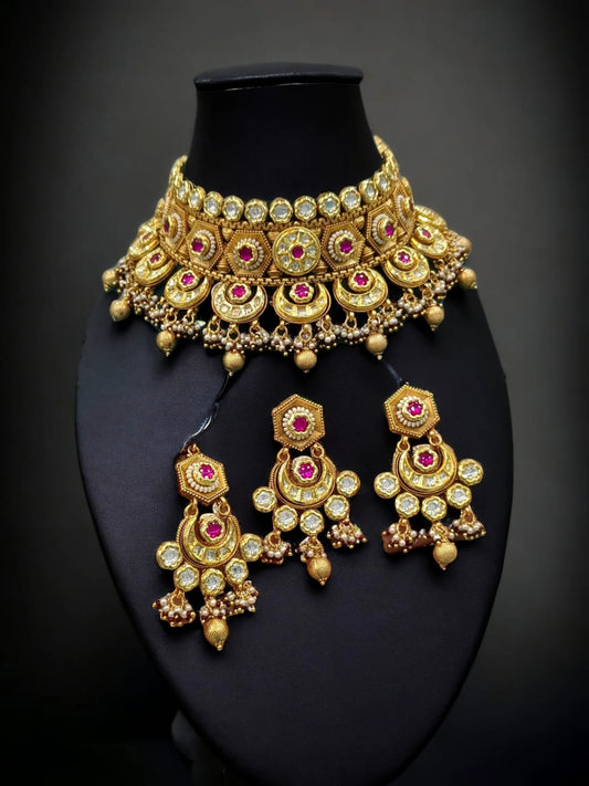 Gold Choker Necklace Set with Ruby, Earrings & Bindi