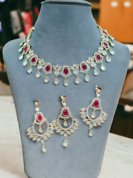 Stunning Necklace Set with Maang Tika and Ruby Accents