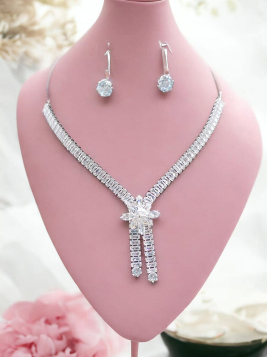 Sparkling Diamond Necklace with Dazzling Drop Pendant and Earrings Set