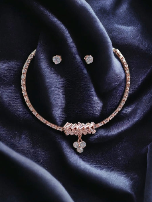 Rose Gold Diamond Choker Necklace Set with Elegant Pendant and Stud Earrings