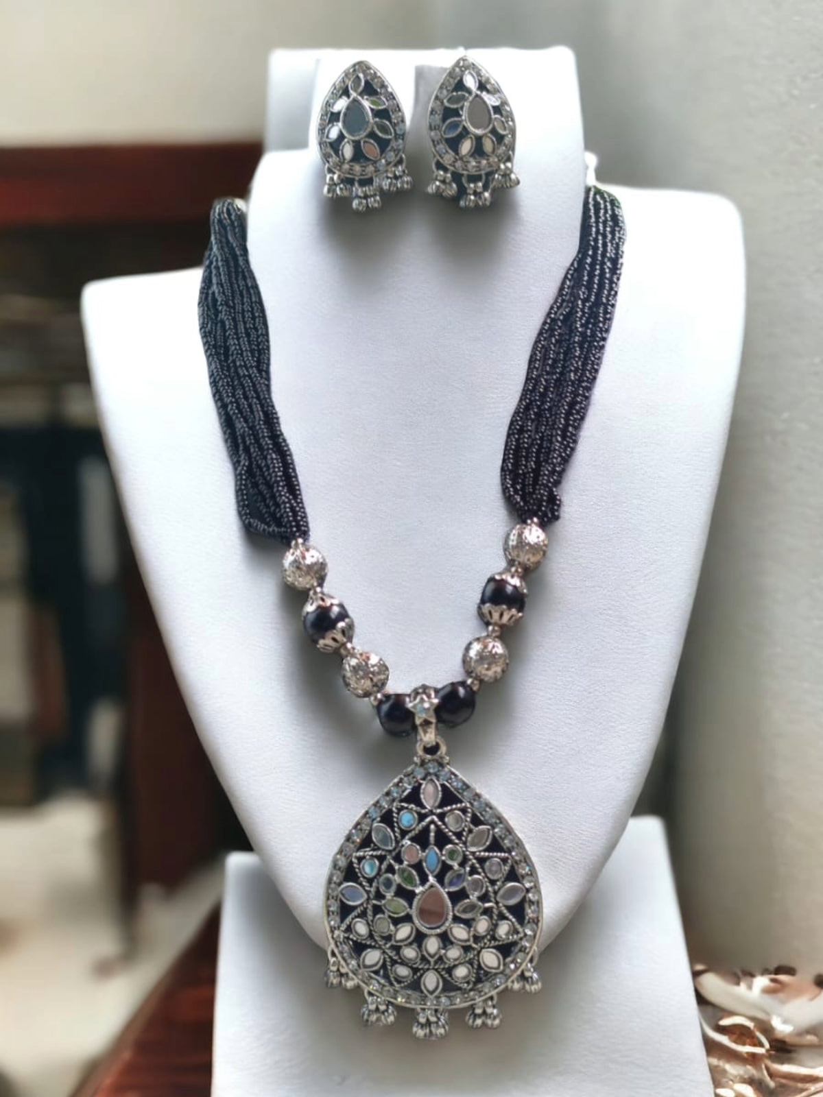 Multi-Layered Black Bead Oxidized Necklace & Earrings Set – Bohemian Ethnic Jewelry