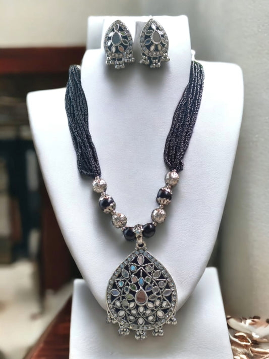 Multi-Layered Black Bead Oxidized Necklace & Earrings Set – Bohemian Ethnic Jewelry