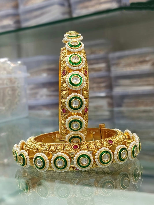 Gold-Plated Kundan Bangles with Pearl Meenakari
