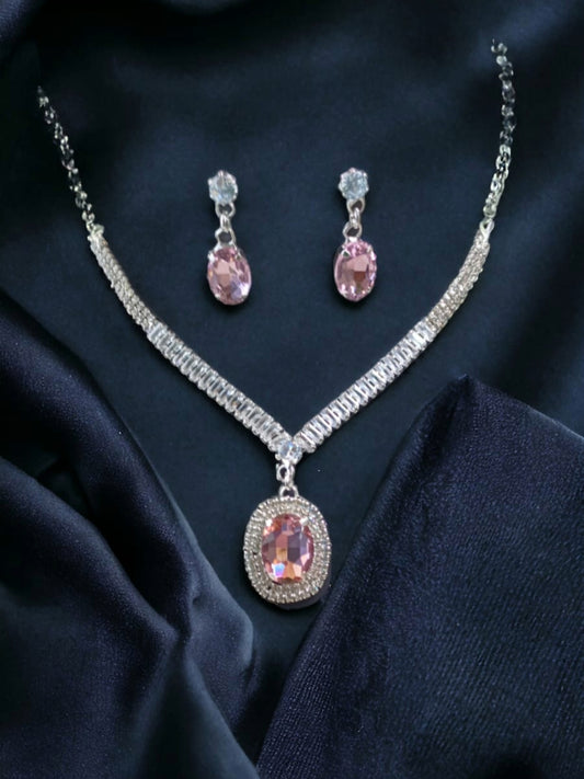 Elegant Pink Gemstone Necklace Set with Drop Earrings