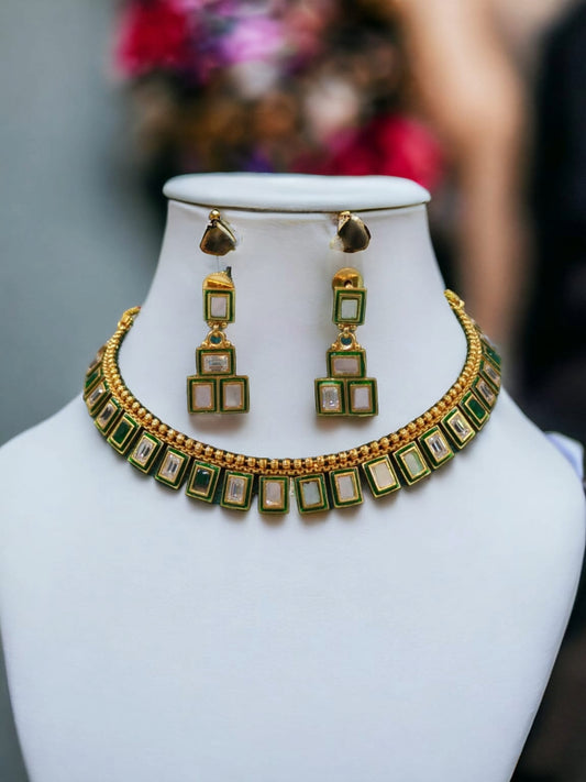 Elegant Green and Gold Rectangular Kundan Necklace Set