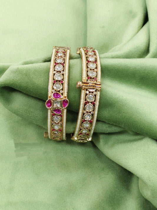 Elegant Gold Bangles with Ruby and Polki Embellishments