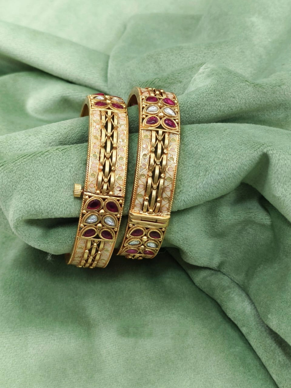 Traditional Gold-Plated Bangles with Ruby and Pearl Detailing