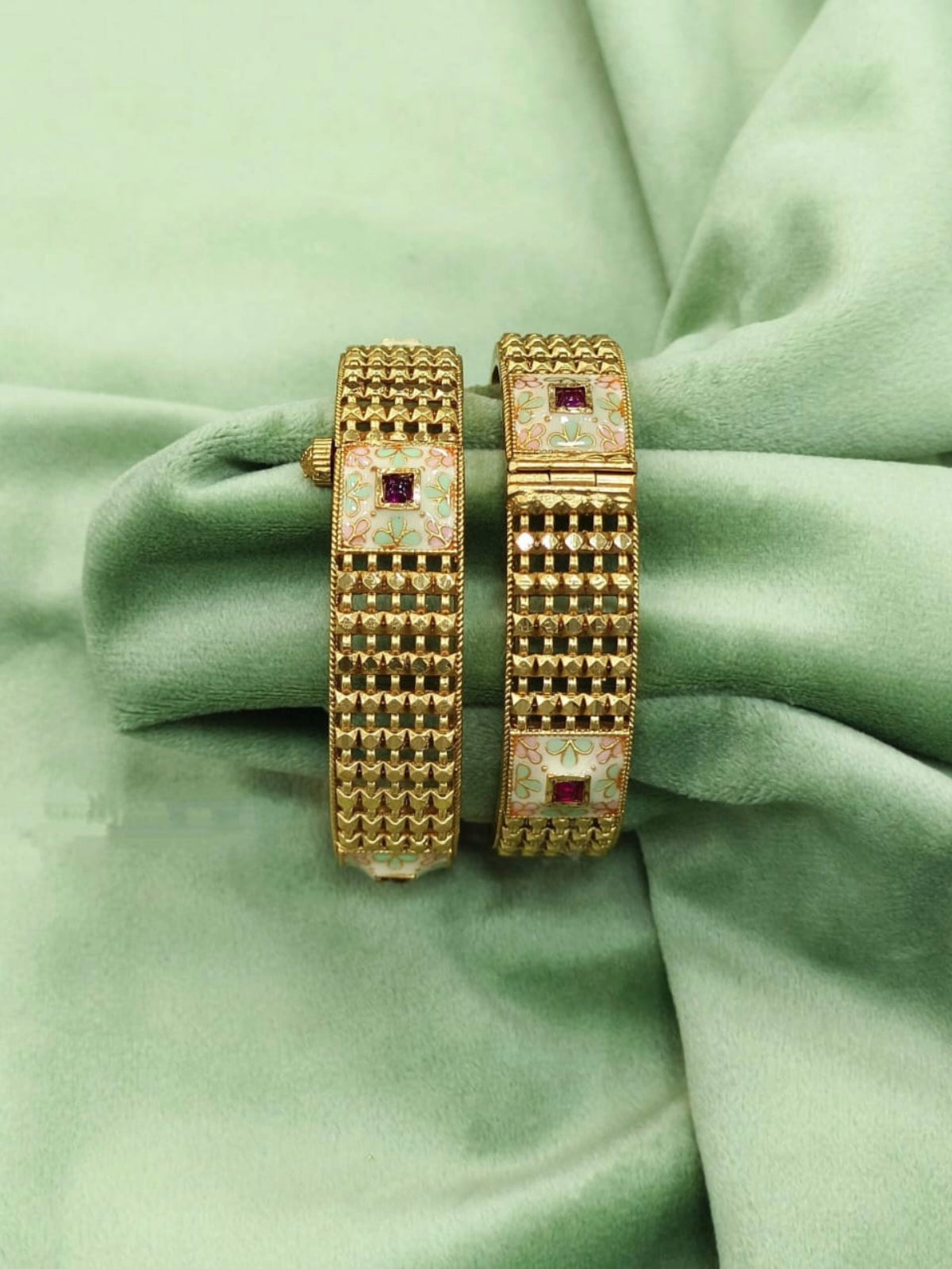 Stylish Gold-Plated Bangles with Gem Accents and Enamel Work
