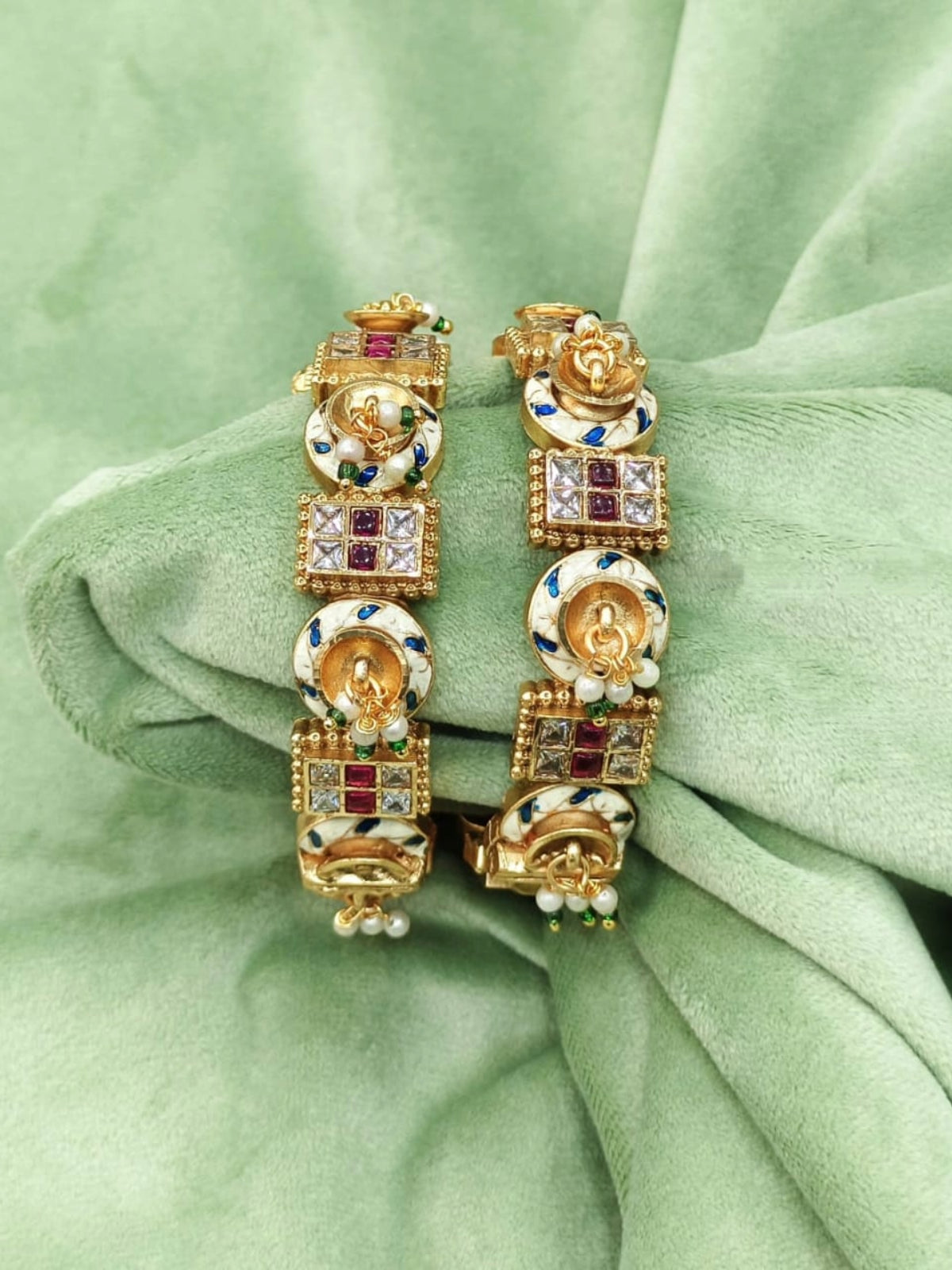 Traditional Gold-Plated Bangles with Kundan & Enamel Detailing