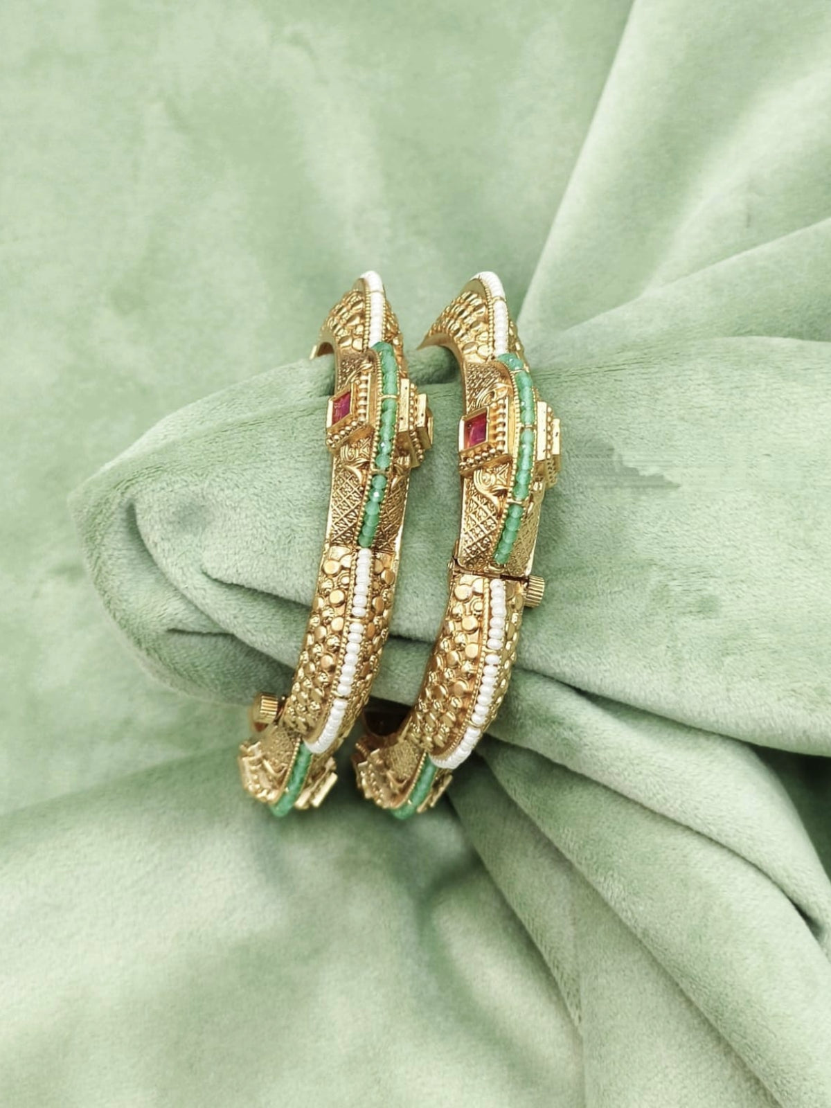 Gold Bangles with Green Beaded and Ruby Stone Accents
