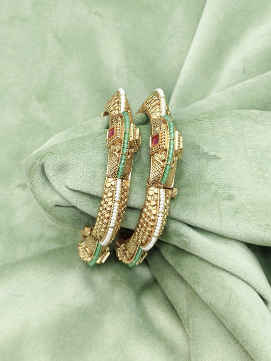 Gold Bangles with Green Beaded and Ruby Stone Accents